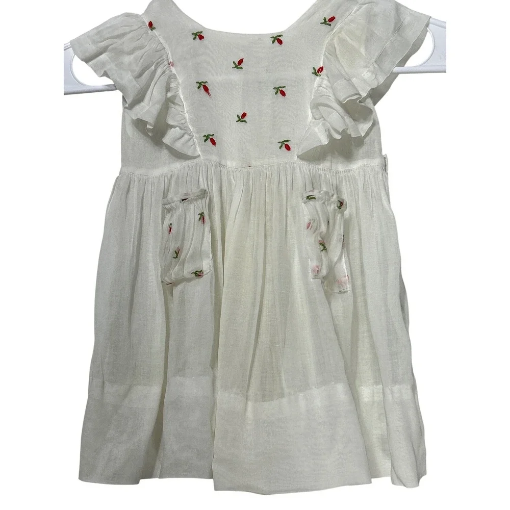VTG Girls White Embroidered Floral Ruffle Flutter Sleeve Button Back Dress‎ 9mo